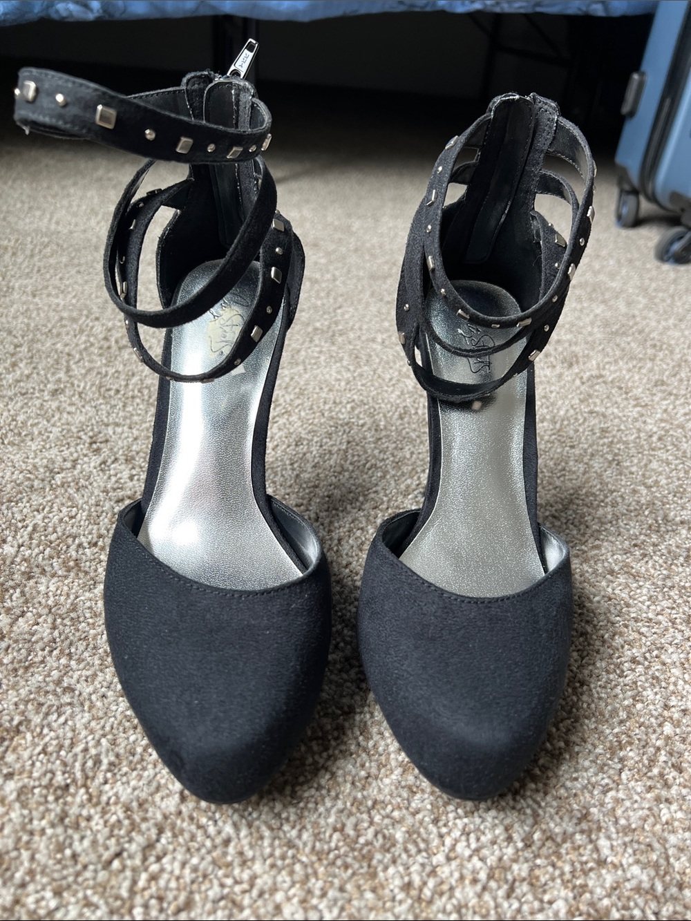 City Streets Black Studded Ankle-Strap Heels